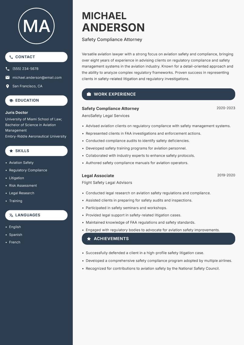 Aviation Lawyer resume sample — Safety Compliance Attorney focus