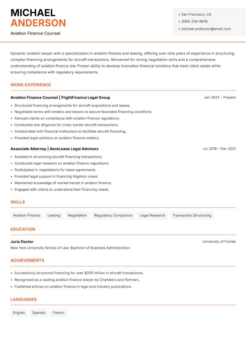 Aviation Lawyer resume sample — Aviation Finance Counsel focus