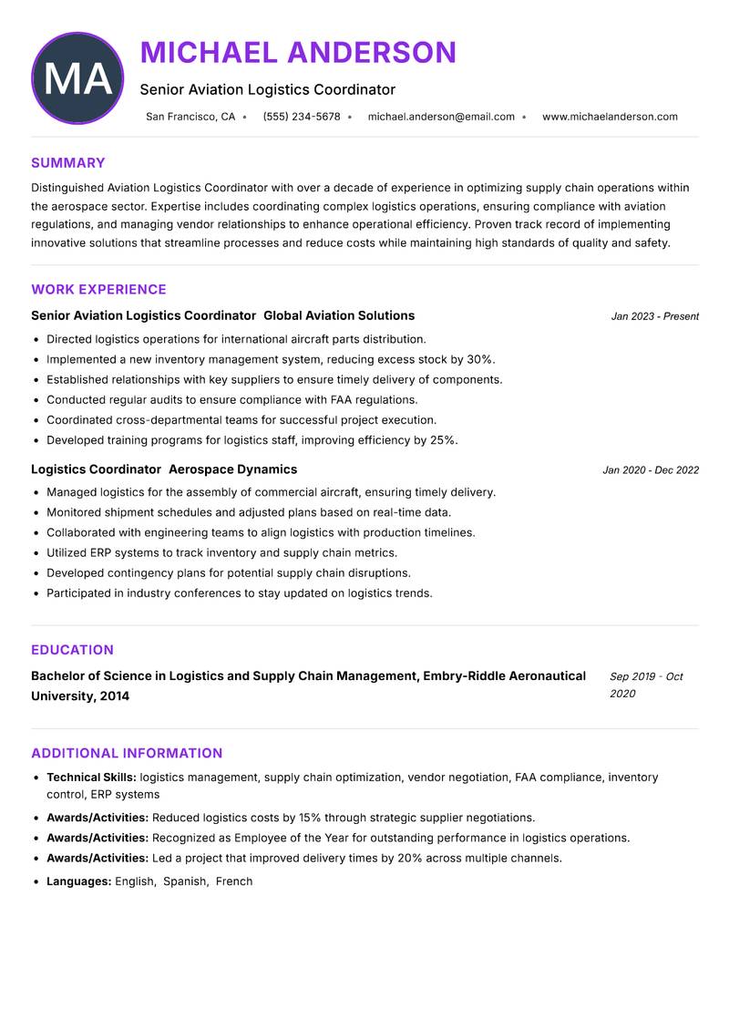 Aviation Logistics Coordinator resume example
