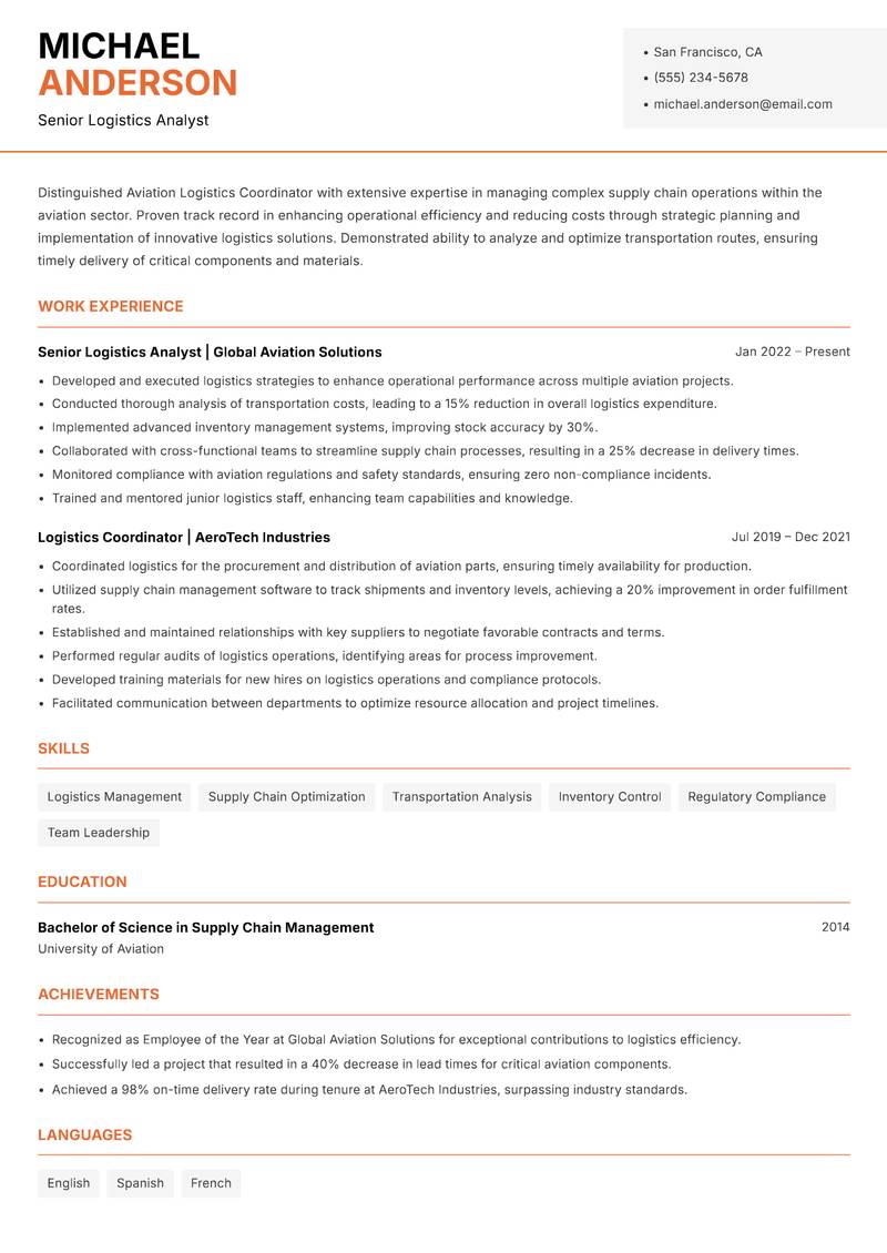 Aviation Logistics Coordinator resume sample — Senior Logistics Analyst focus