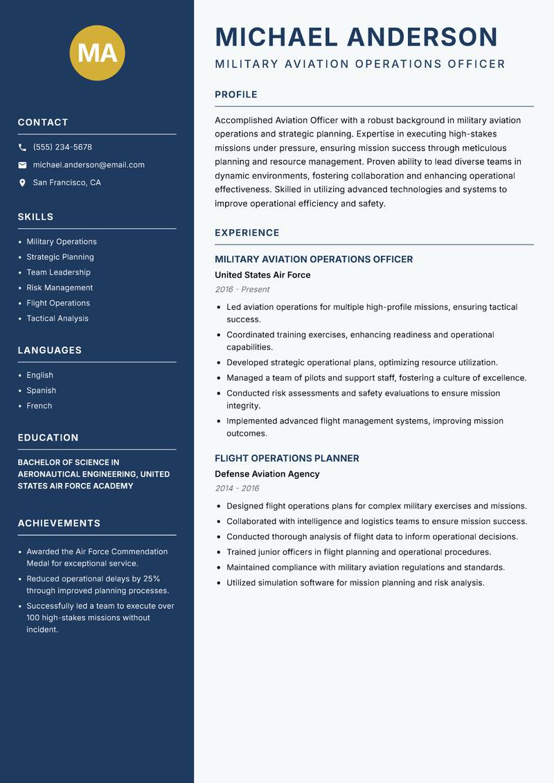 Aviation Officer resume sample — Military Aviation Operations Officer focus