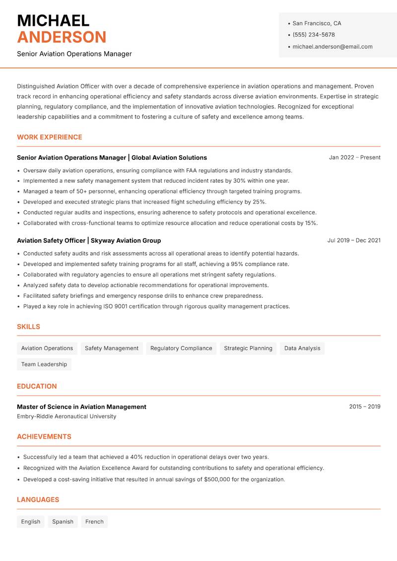 Aviation Officer resume sample — Senior Aviation Operations Manager focus