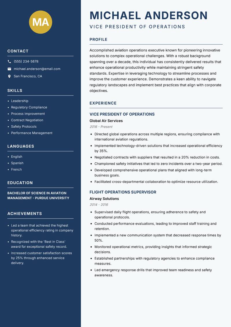 Aviation Operations Executive resume sample — Vice President of Operations focus
