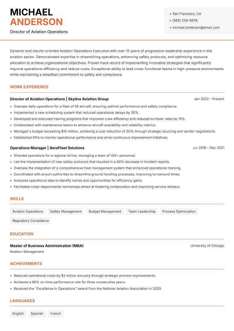 Aviation Operations Executive resume sample — Director of Aviation Operations focus
