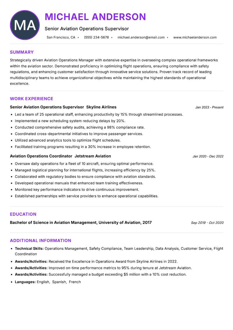 Aviation Operations Manager resume example