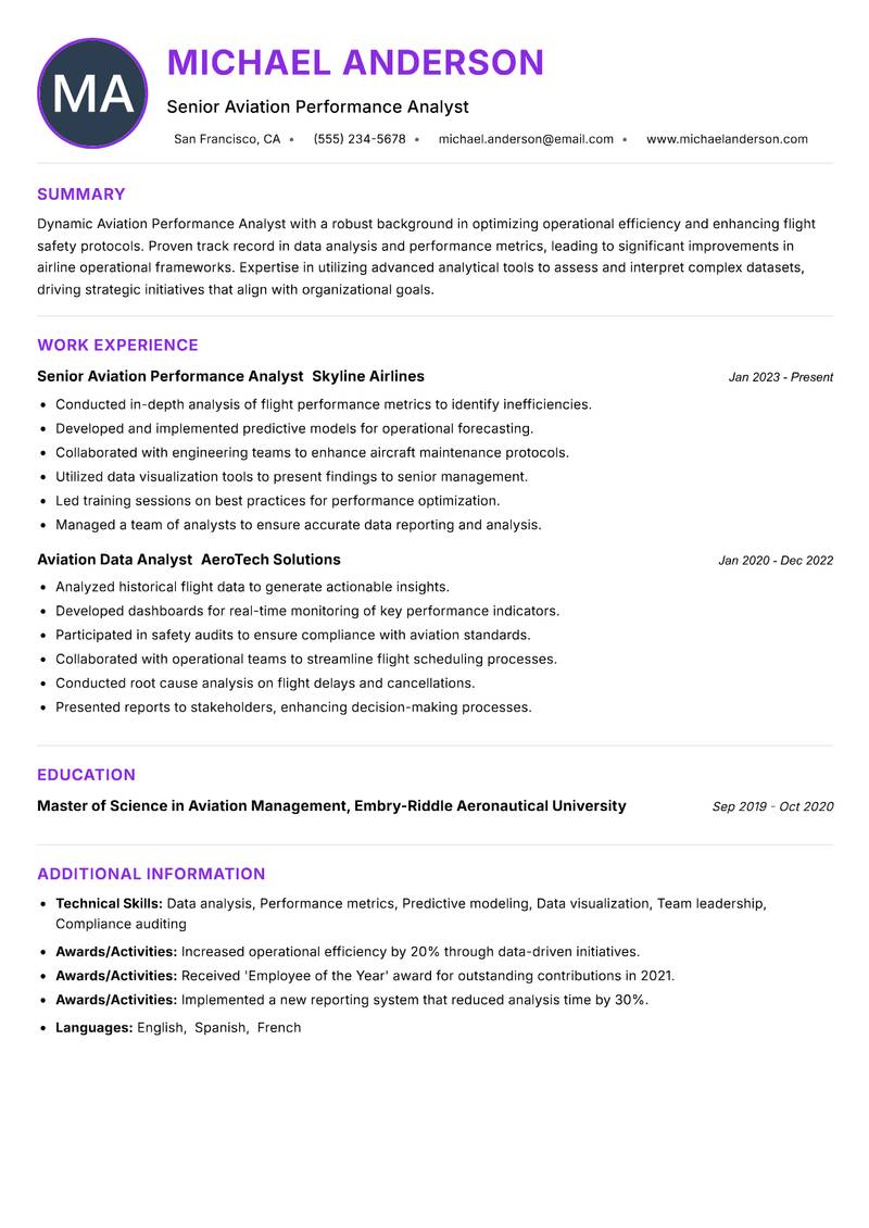 Aviation Performance Analyst resume example