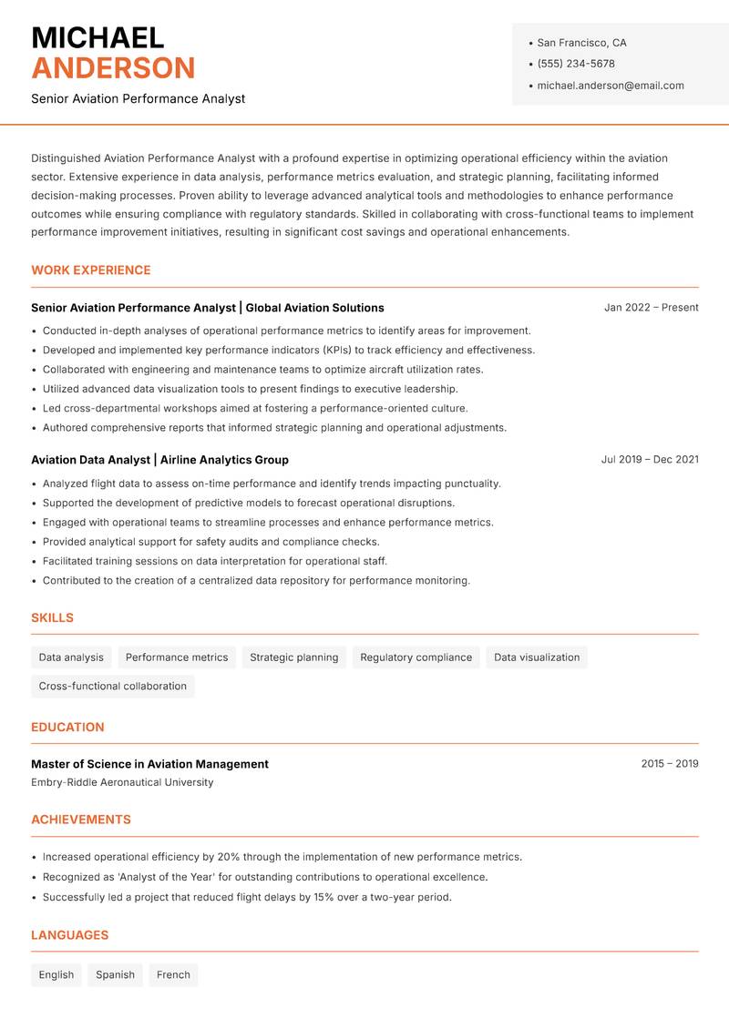 Aviation Performance Analyst resume sample — Senior Aviation Performance Analyst focus