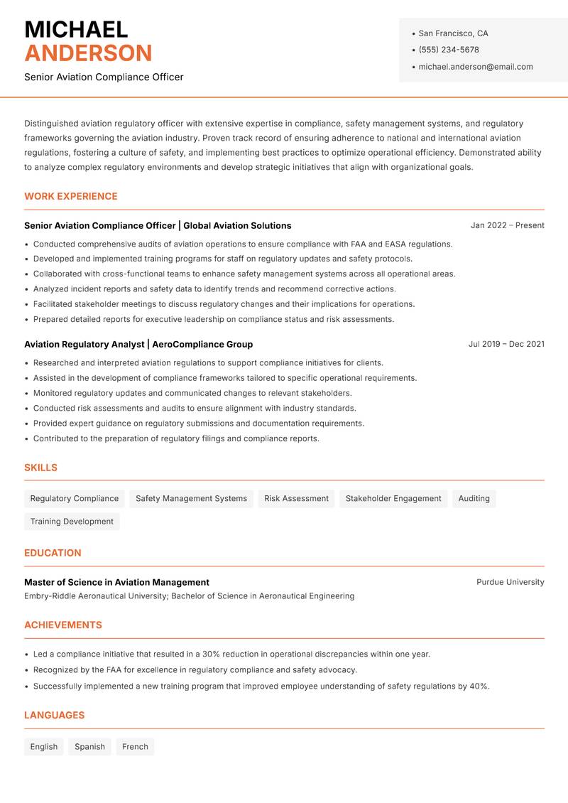 Aviation Regulatory Officer resume sample — Senior Aviation Compliance Officer focus