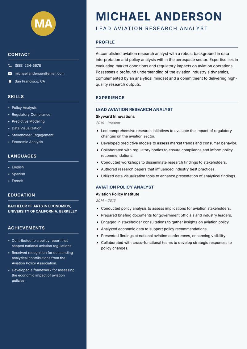 Aviation Research Analyst resume sample — Lead Aviation Research Analyst focus