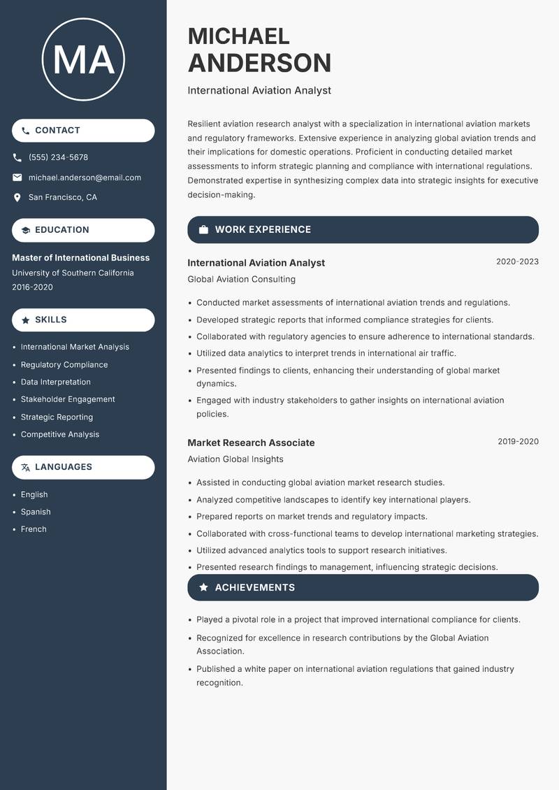 Aviation Research Analyst resume sample — International Aviation Analyst focus