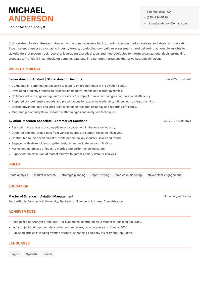 Aviation Research Analyst resume sample — Senior Aviation Analyst focus