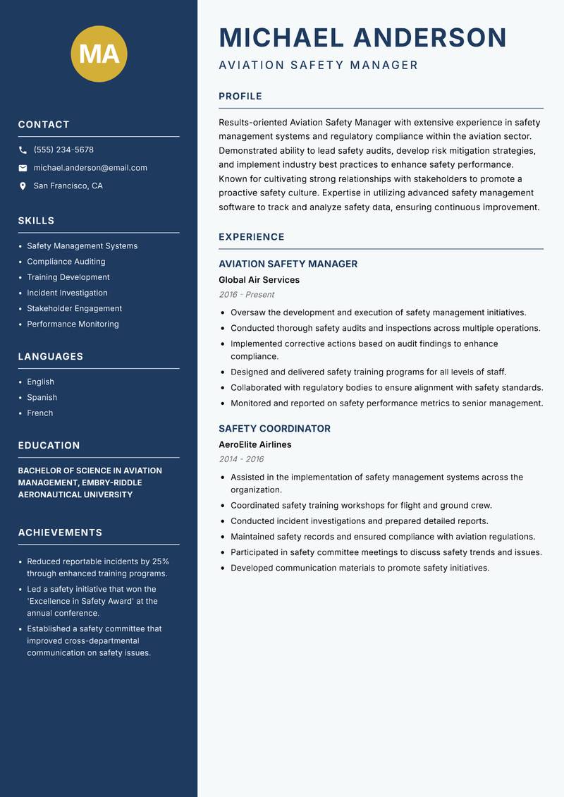 Aviation Safety Manager resume sample — Aviation Safety Manager focus