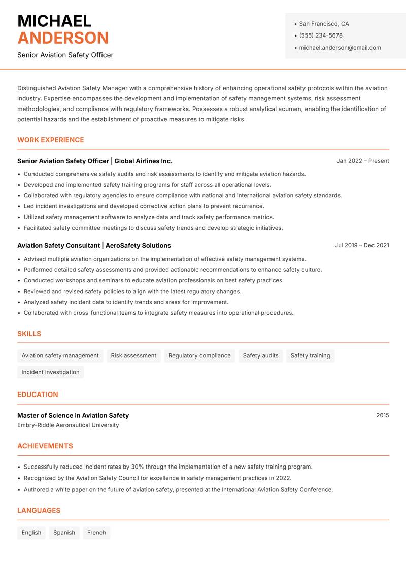 Aviation Safety Manager resume sample — Senior Aviation Safety Officer focus