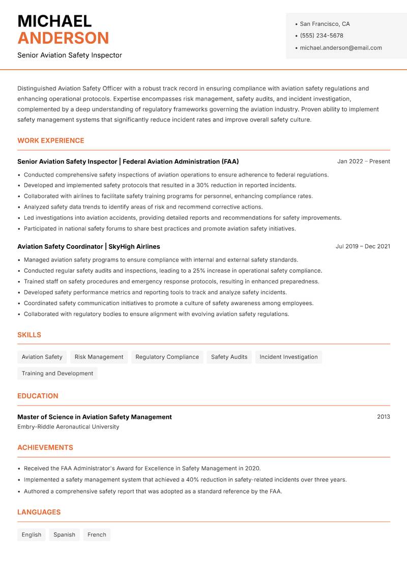 Aviation Safety Officer resume sample — Senior Aviation Safety Inspector focus