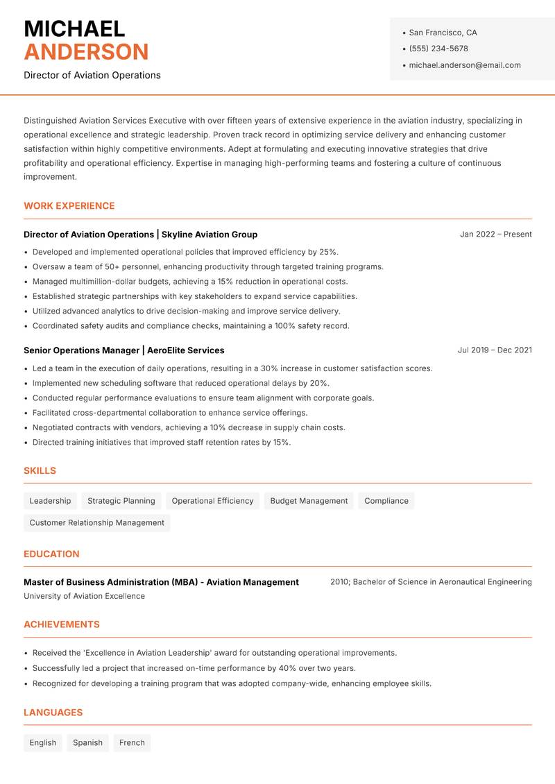 Aviation Services Executive resume sample — Director of Aviation Operations focus