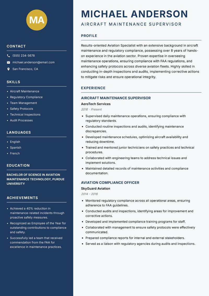 Aviation Specialist resume sample — Aircraft Maintenance Supervisor focus