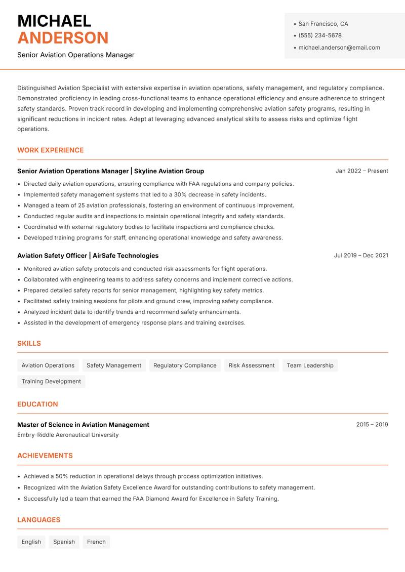 Aviation Specialist resume sample — Senior Aviation Operations Manager focus