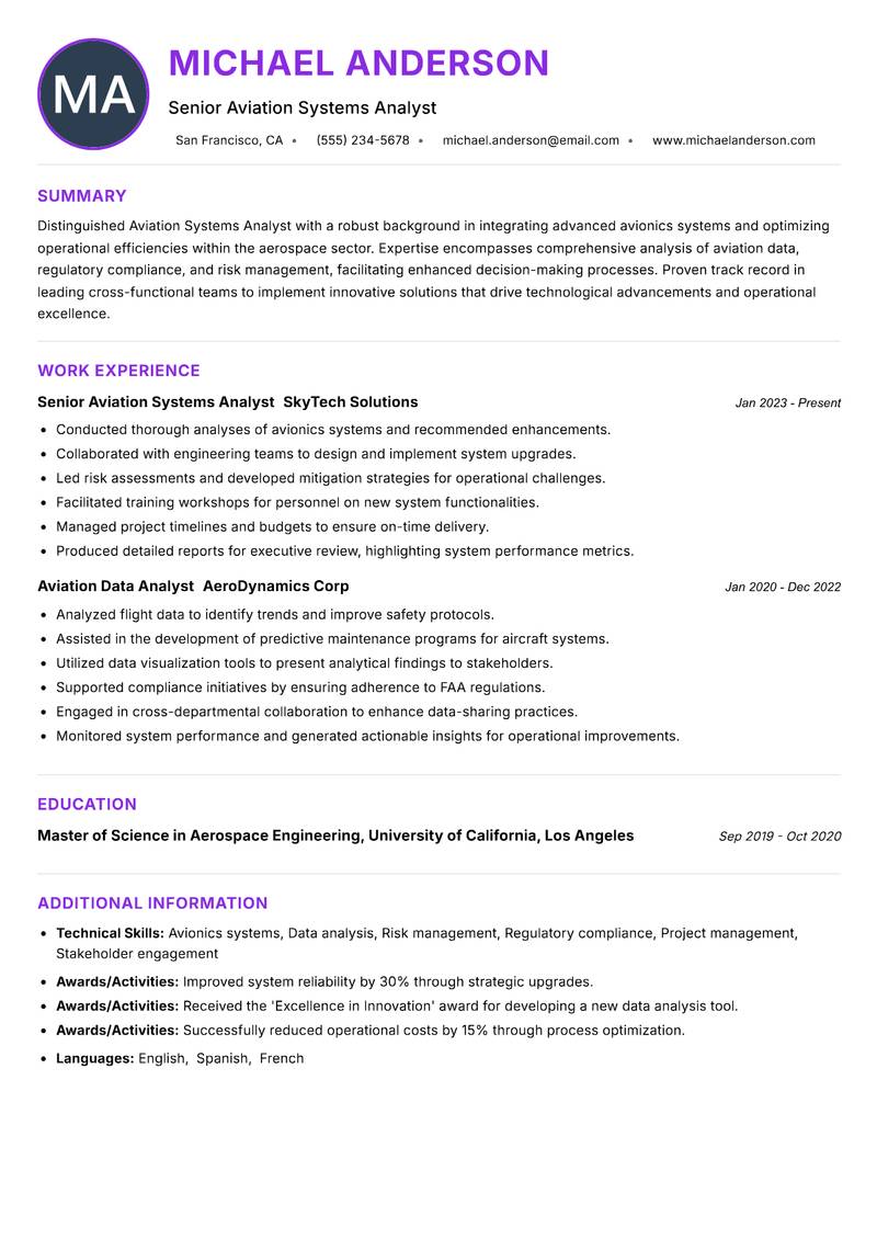 Aviation Systems Analyst resume example