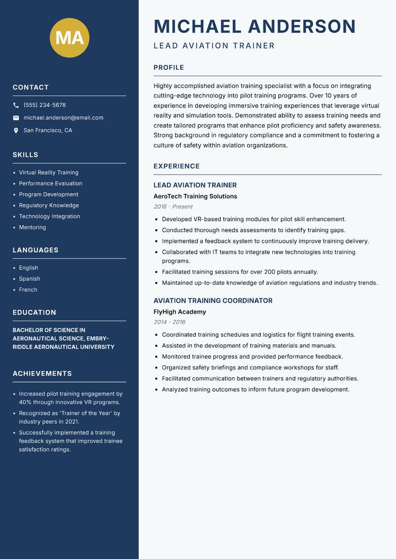 Aviation Trainer resume sample — Lead Aviation Trainer focus