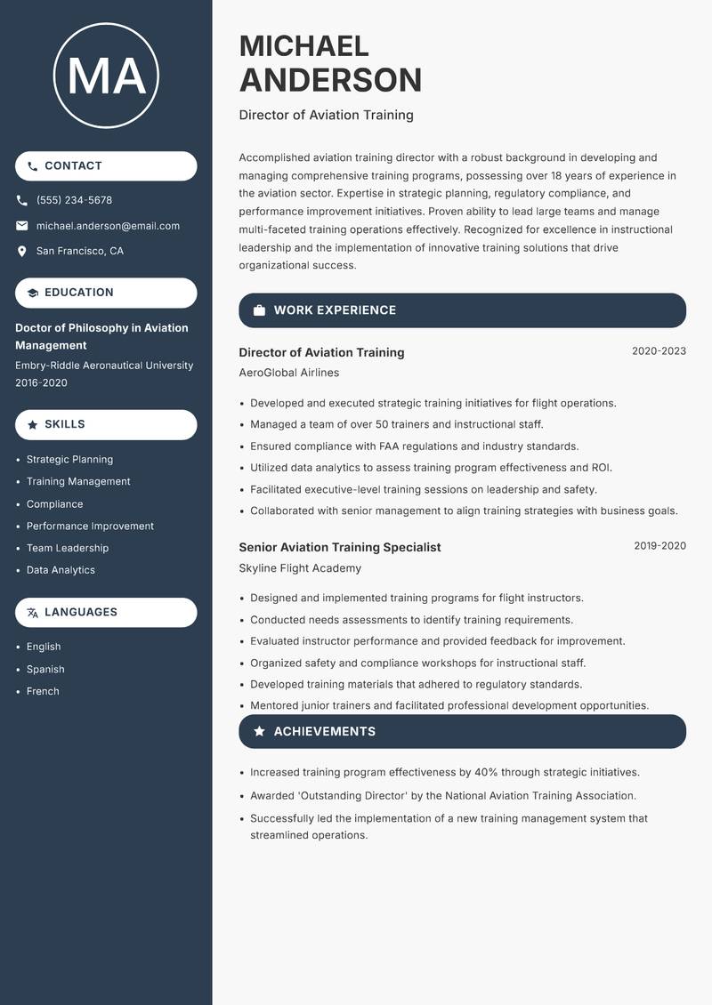 Aviation Trainer resume sample — Director of Aviation Training focus