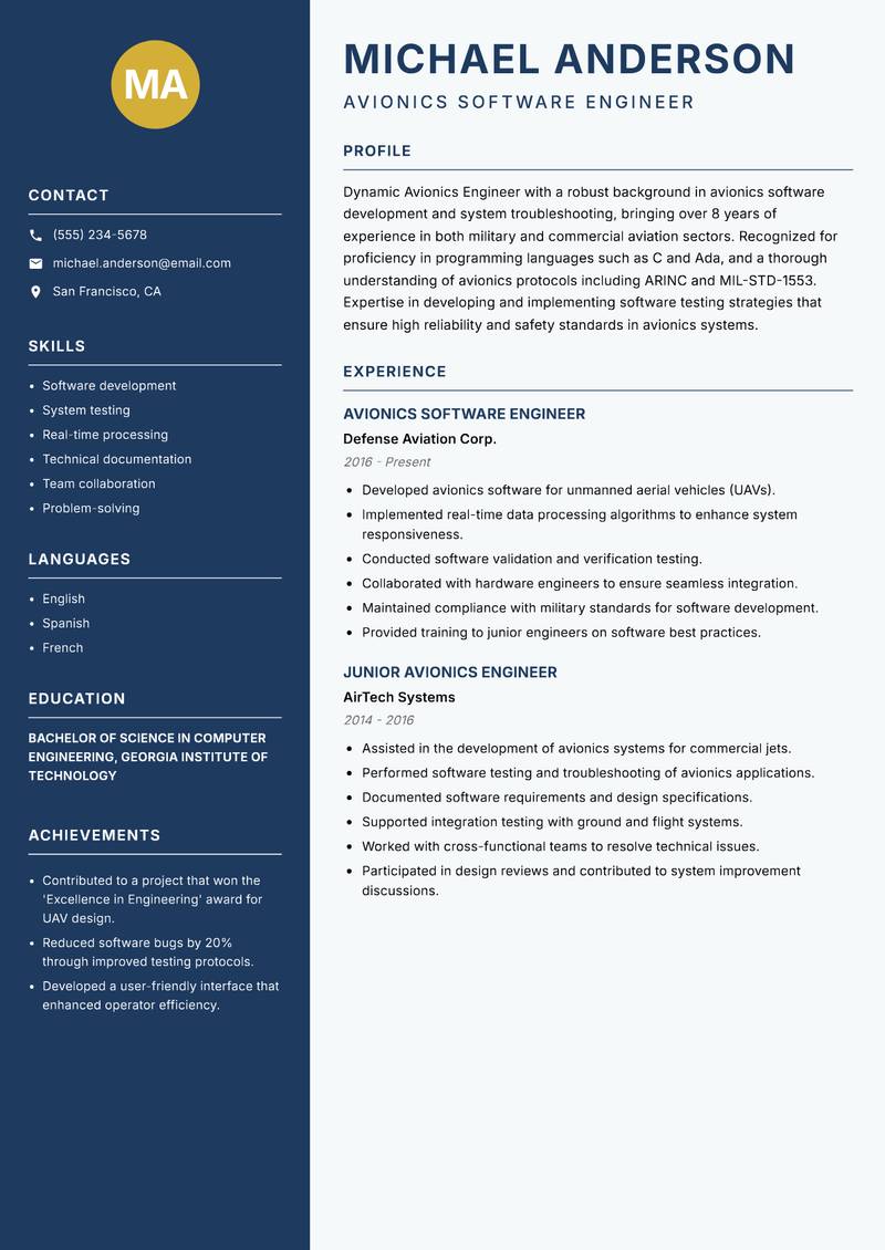 Avionics Engineer resume sample — Avionics Software Engineer focus