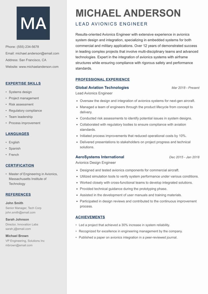 Avionics Engineer resume sample — Lead Avionics Engineer focus
