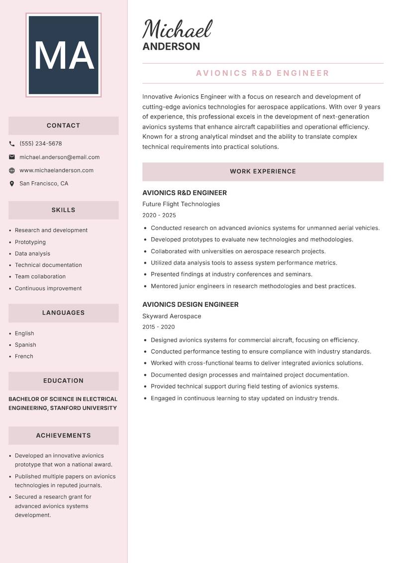 Avionics Engineer resume sample — Avionics R&D Engineer focus