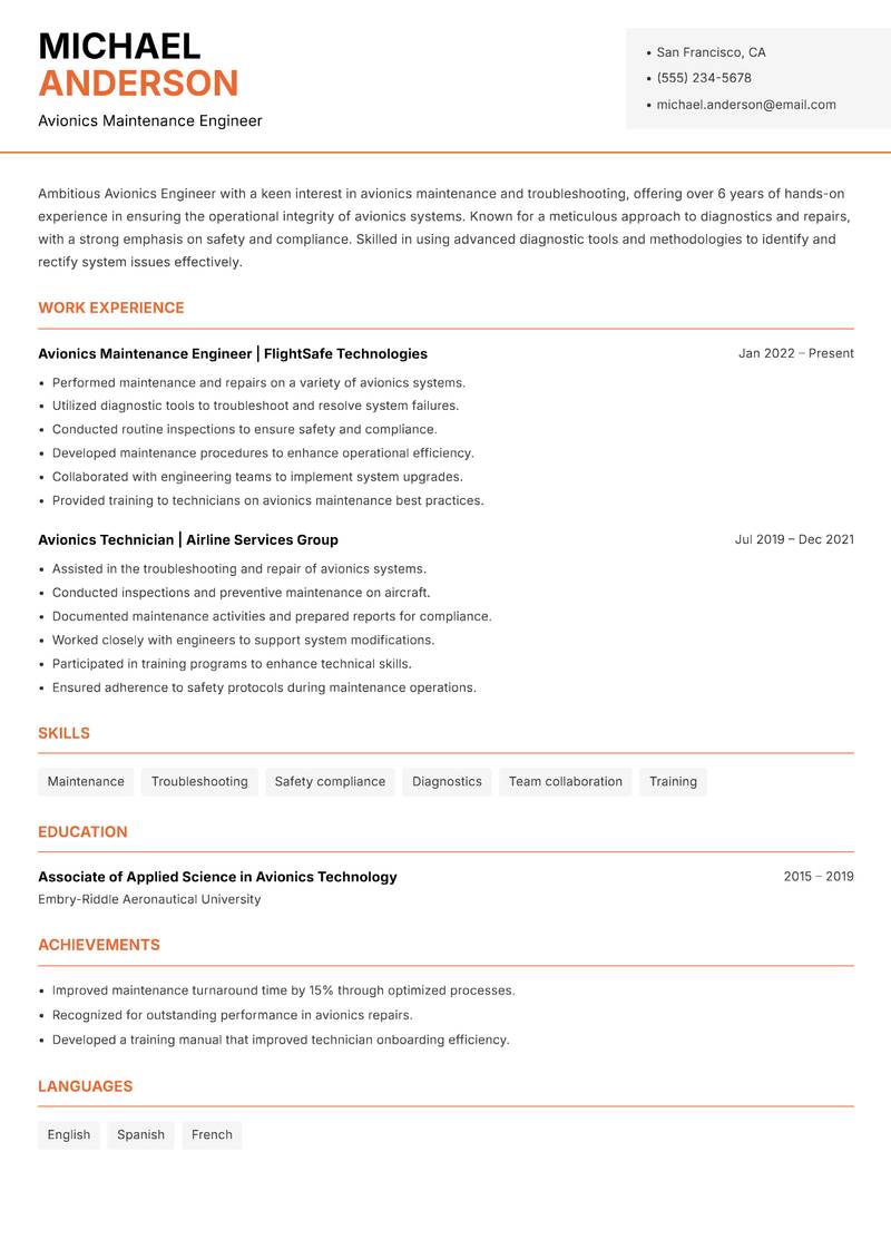 Avionics Engineer resume sample — Avionics Maintenance Engineer focus