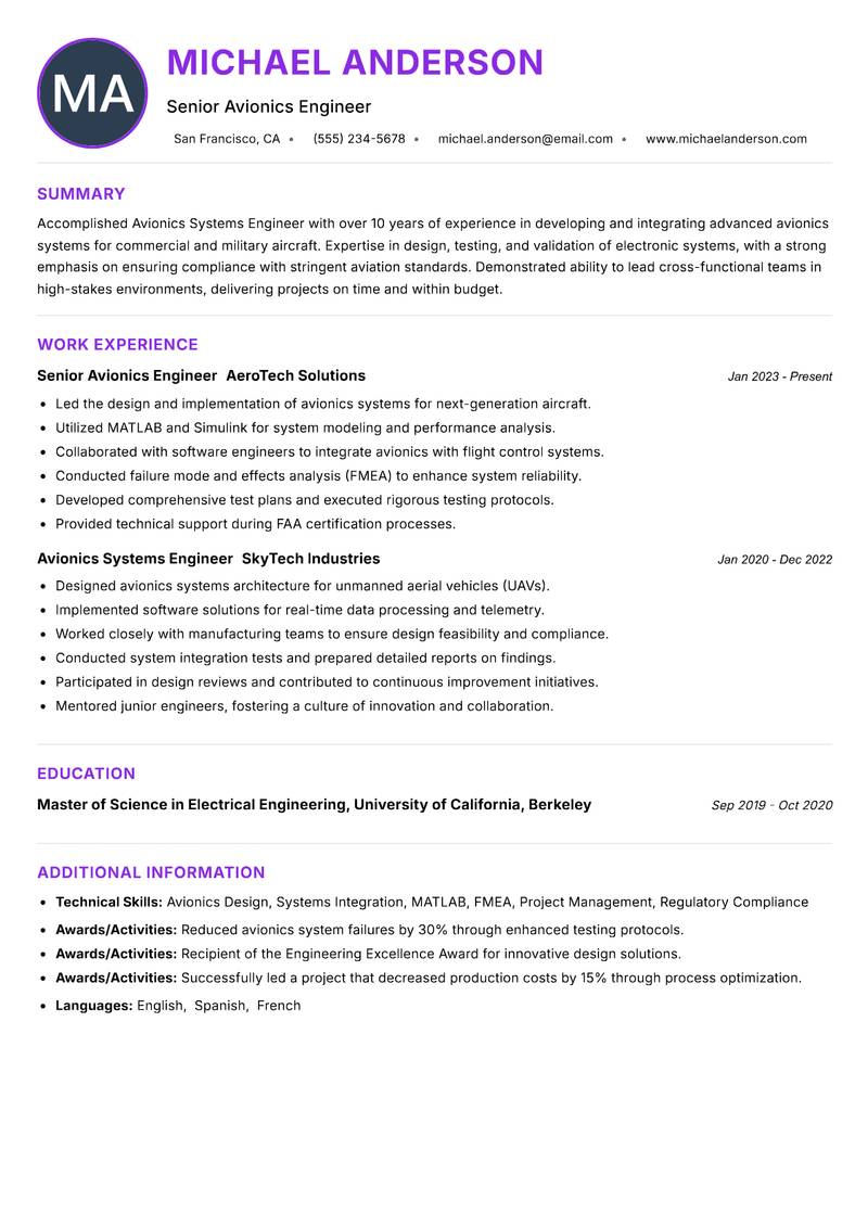 Avionics Systems Engineer resume example
