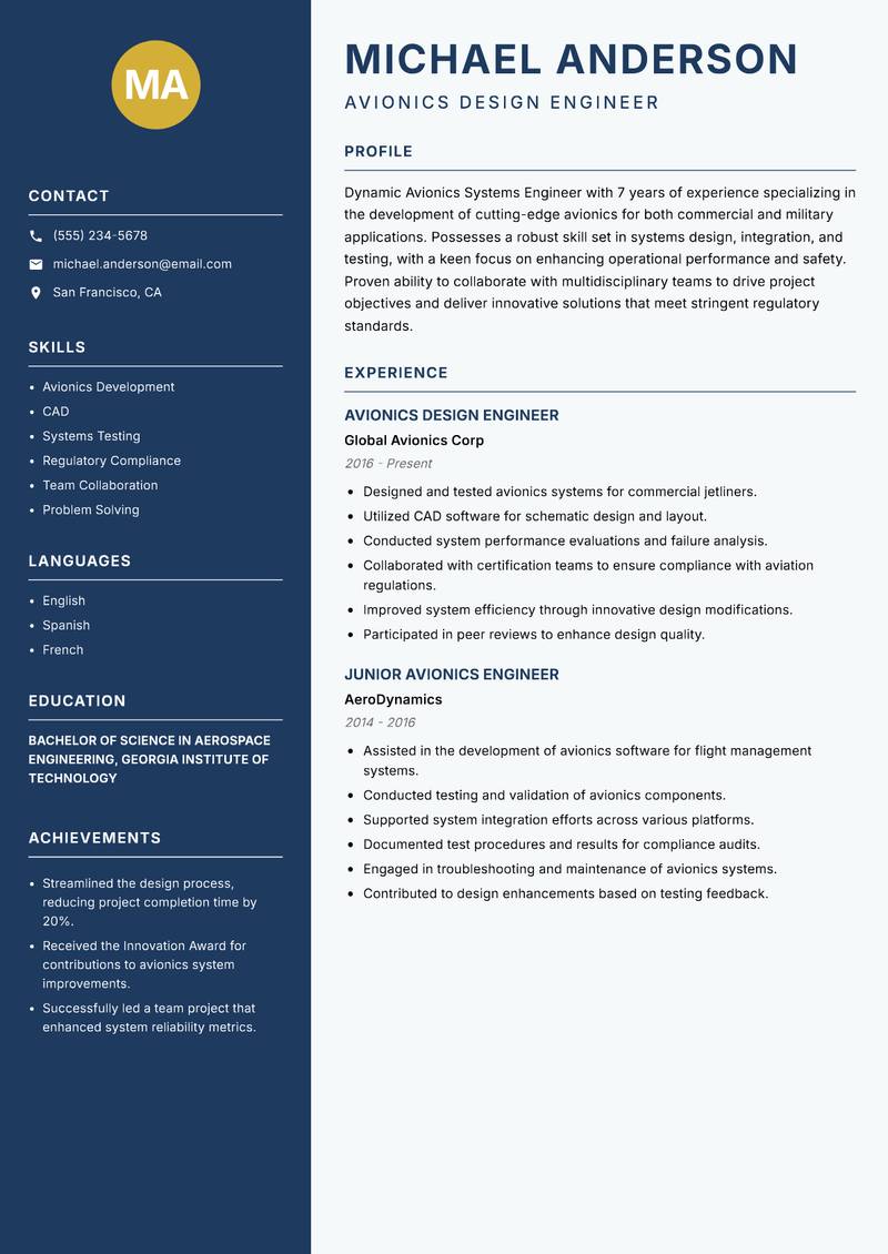 Avionics Systems Engineer resume sample — Avionics Design Engineer focus