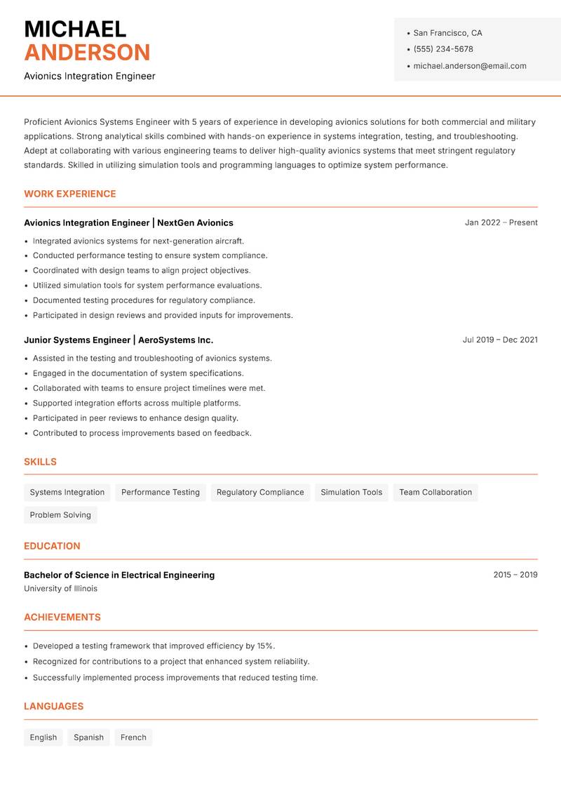 Avionics Systems Engineer resume sample — Avionics Integration Engineer focus