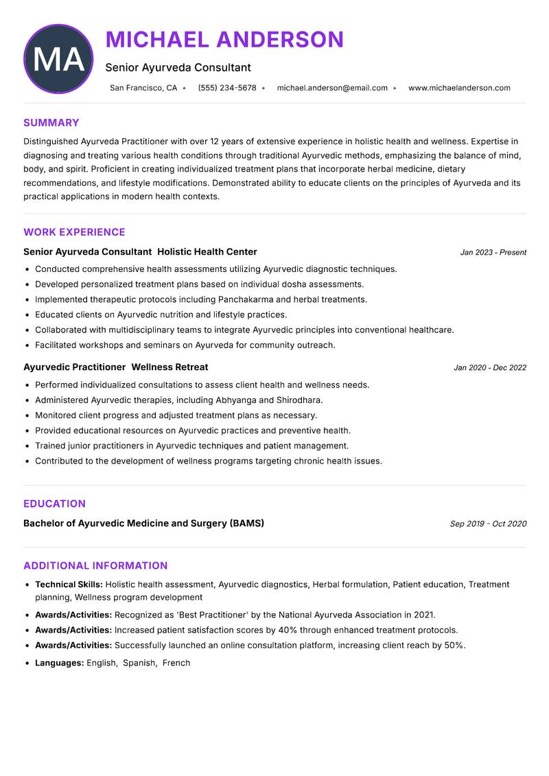 Ayurveda Practitioner resume example