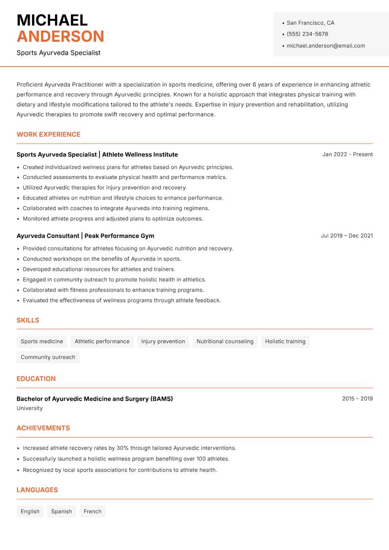 Ayurveda Practitioner resume sample — Sports Ayurveda Specialist focus