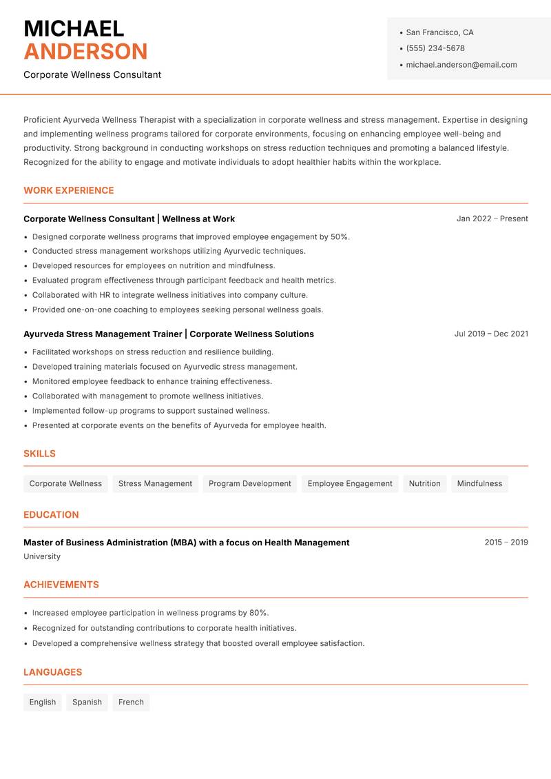 Ayurveda Wellness Therapist resume sample — Corporate Wellness Consultant focus