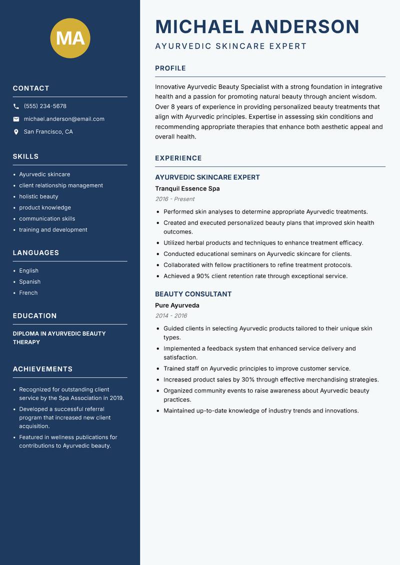 Ayurvedic Beauty Specialist resume sample — Ayurvedic Skincare Expert focus