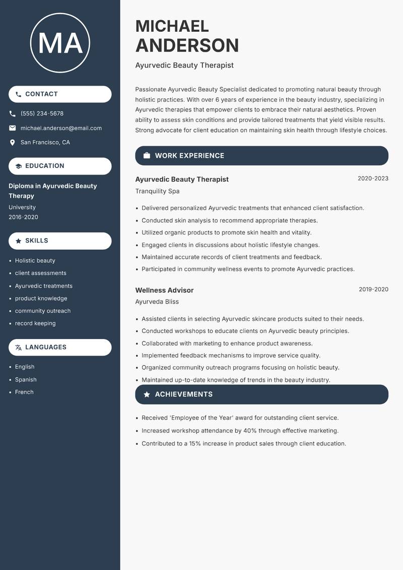 Ayurvedic Beauty Specialist resume sample — Ayurvedic Beauty Therapist focus