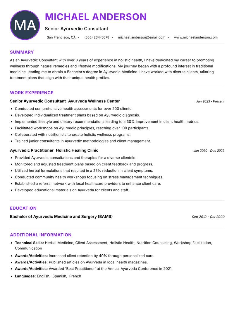 Ayurvedic Consultant resume example