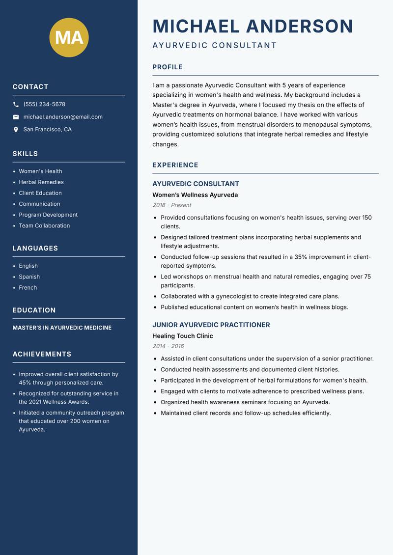 Ayurvedic Consultant resume sample — Ayurvedic Consultant focus