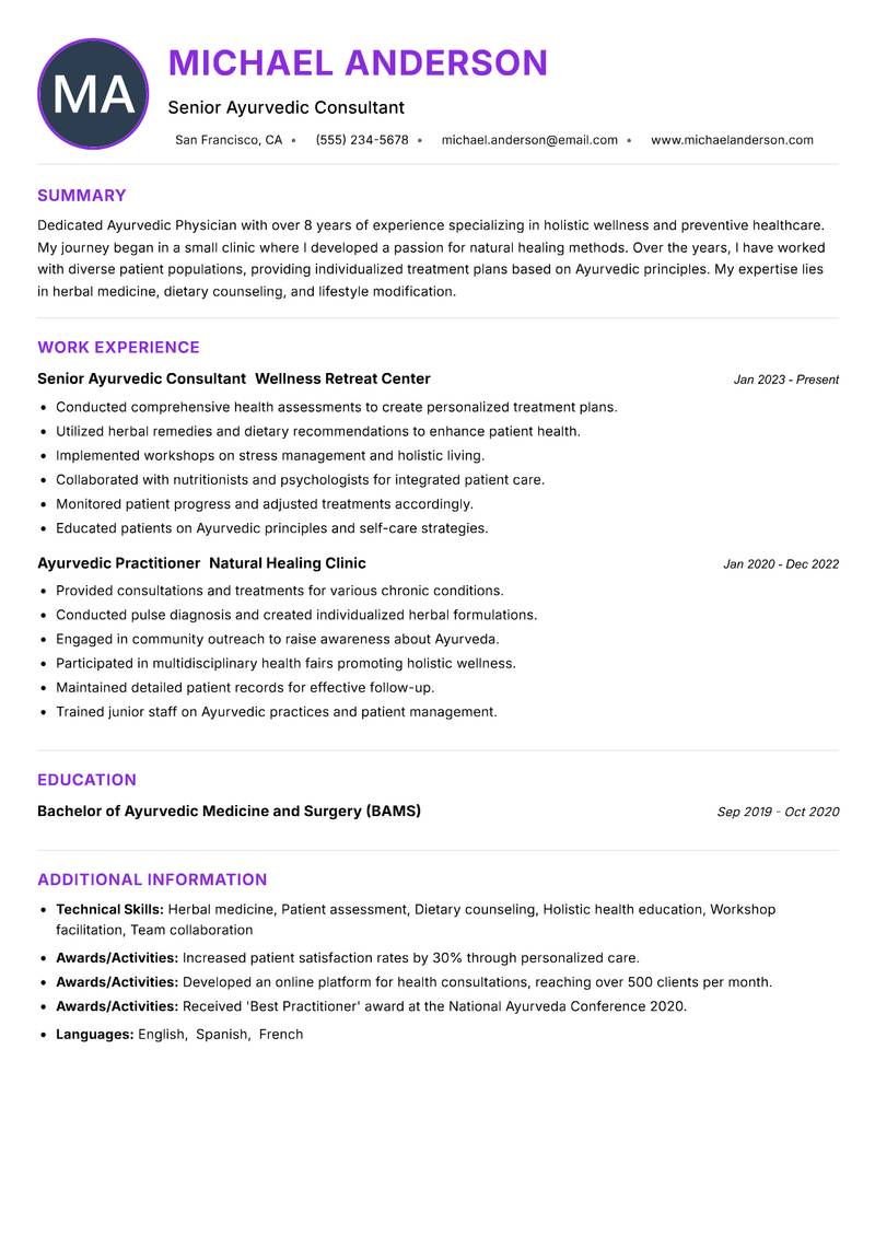 Ayurvedic Physician resume example