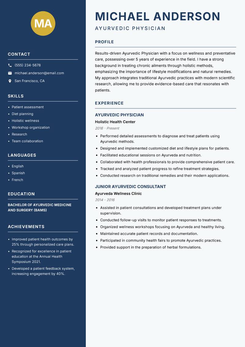 Ayurvedic Physician resume sample — Ayurvedic Physician focus