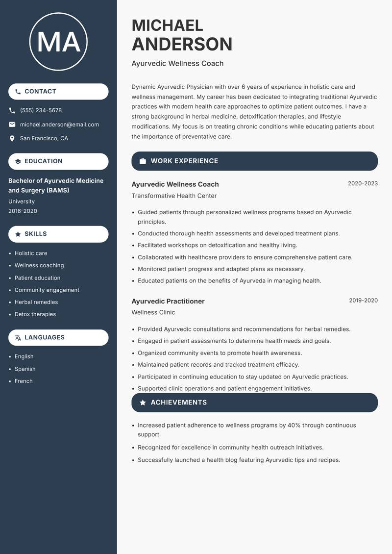 Ayurvedic Physician resume sample — Ayurvedic Wellness Coach focus