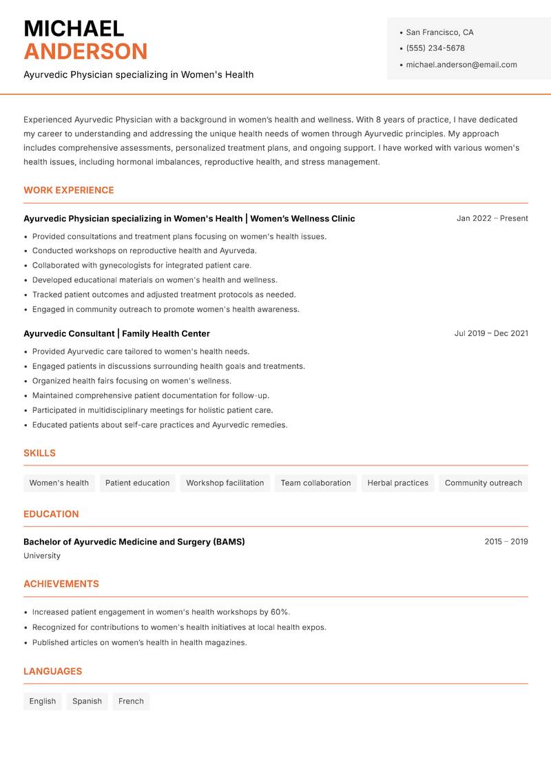 Ayurvedic Physician resume sample — Ayurvedic Physician specializing in Women's Health focus