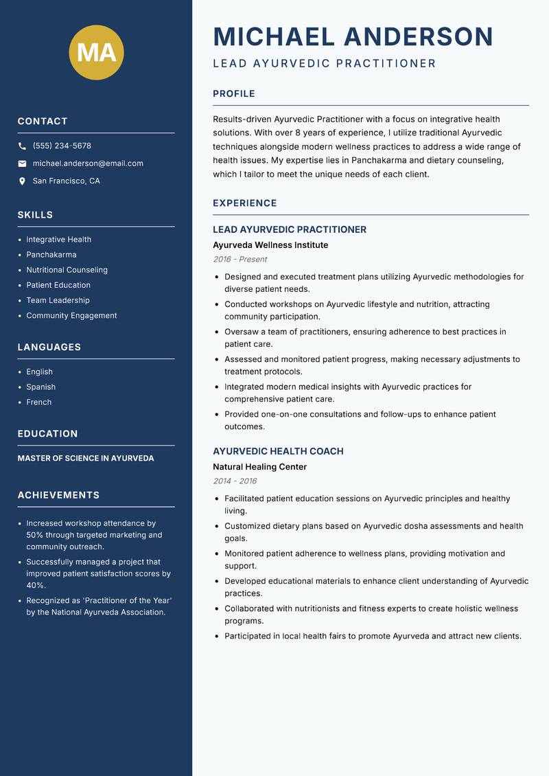 Ayurvedic Practitioner resume sample — Lead Ayurvedic Practitioner focus