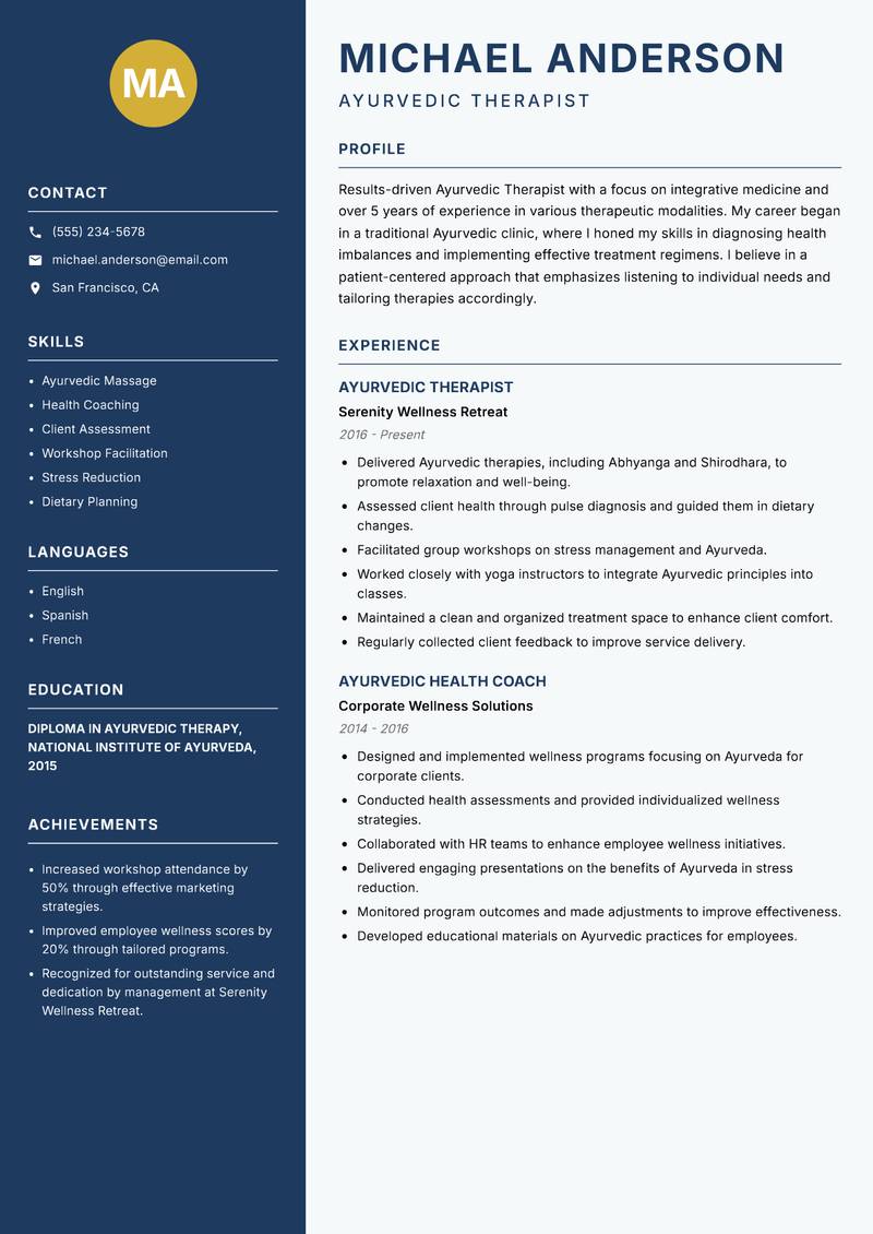Ayurvedic Therapist resume sample — Ayurvedic Therapist focus