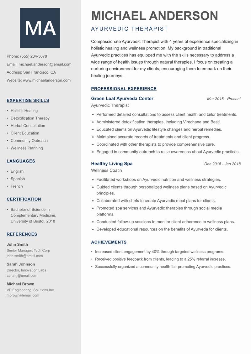 Ayurvedic Therapist resume sample — Ayurvedic Therapist focus