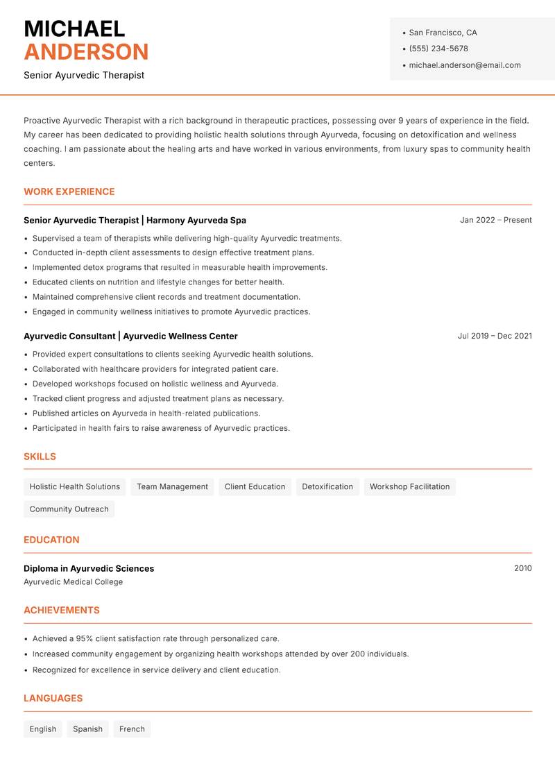 Ayurvedic Therapist resume sample — Senior Ayurvedic Therapist focus