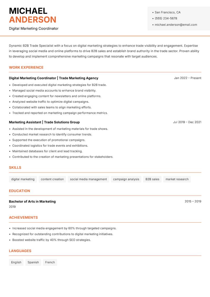 B2B Trade Specialist resume sample — Digital Marketing Coordinator focus