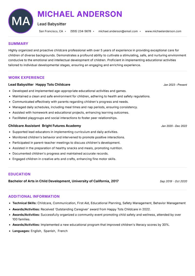 Babysitter resume example — Domestic Services