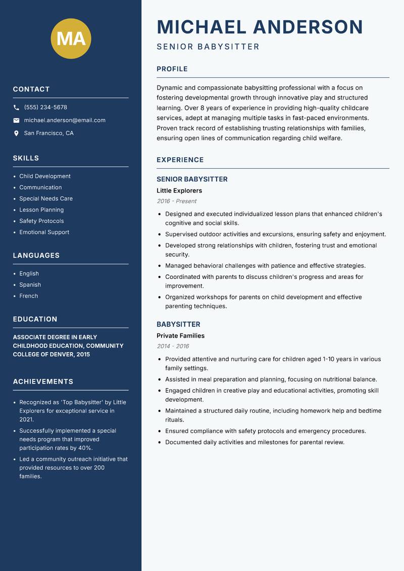 Babysitter resume sample — Senior Babysitter focus
