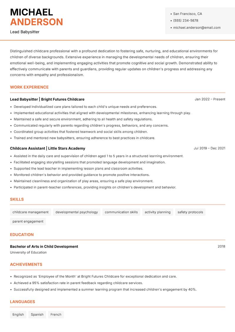 Babysitter resume sample — Lead Babysitter focus